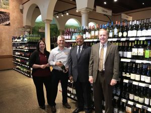 (L-R) Wegmans wine manager Michelle Nick, store manager Kurt Husebo and PA State Reps. Harry Lewis (R-74) and Duane Milne (R-167) were on hand to celebrate Wegmans wine shop opening Friday.