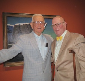 Karl Kuerner, whose farm was a frequent Andrew Wyeth and whose son of the same name is an artist, poses with George A. “Frolic” Weymouth, an artist and co-founder and board chairman of the Brandywine Conservancy, at the opening of “Jamie Wyeth, Rockwell Kent and Monhegan.”