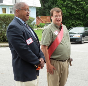 Borough Council Member Leon Spence (left) chats with Ethan Cramer, a board member of the Historic East Linden Project, during a recent celebration on East Linden Street.