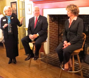 As Gov. Tom Corbett listens, Chester County Sheriff Carolyn “Bunny” Welsh (left) introduces First Lady Susan Corbett to a group of supporters at the Inn Keeper’s Kitchen.