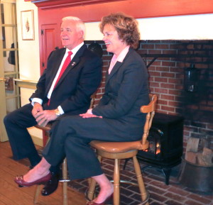Gov. Tom Corbett and First Lady Susan Corbett interact with an audience of supporters during a brief stop in Birmingham Township Friday morning.