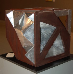   “MAX,” a sculpture created with wood and aluminum by Steffie Mongar is one of the architecture-inspired works on display this month at the Chester County Art Association.