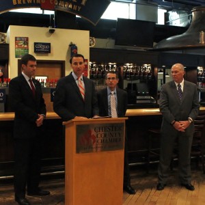 Ryan Costello addresses the small gathering at Victory Brewing.