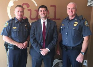 Coatesville Police Chief Jack Laufer, Lieutenant James Audette and Sergeant Rodger Ollis (not pictured) hosted Supervisory Special Agent Charles Dayoub, of the FBI headquarters in Newtown Square (center) for this month's Coffee with the Chief.