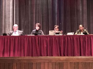 From left to right: school board president Dean Snyder, superintendent Dr. Cathy Taschner, recording secretary Karen Jackson and region one representative Deborah Thompson listened intently to each speaker during public comment.