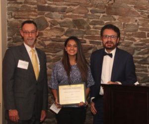 From left, West Chester University President Christopher Fiorentino, PhD, Wanezza Mughess and Dr. Mian Jan. Mughess was awarded the William Darlington Memorial Scholarship.